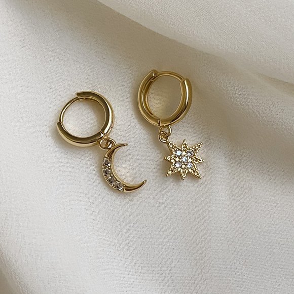 Gold S925 Northern Star Moon Huggie Hoop Earrings - Picture 2 of 9